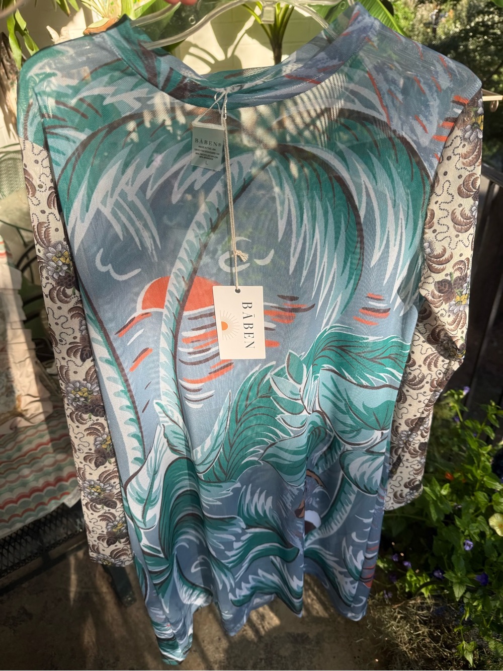 Baben Jane Mesh Dress 
LS Swim Dress – Teal Palm Print